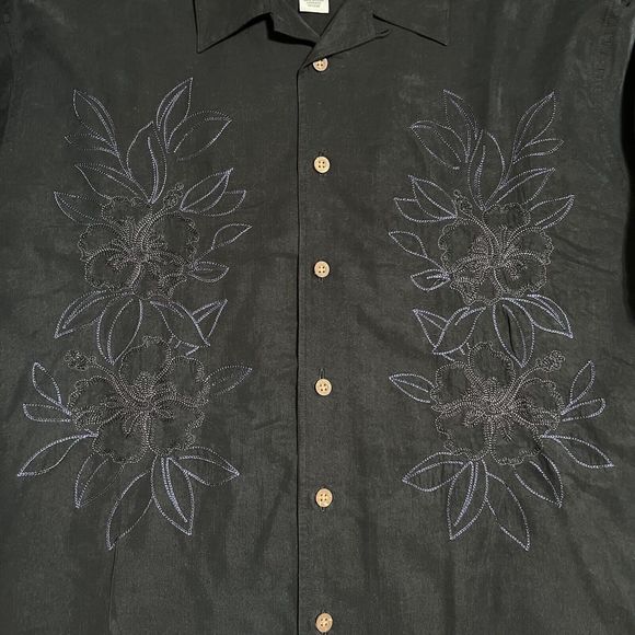 Quiksilver Floral Button Up Shirt Men's L Black Embroidered Short Sleeve Modal - Picture 5 of 17